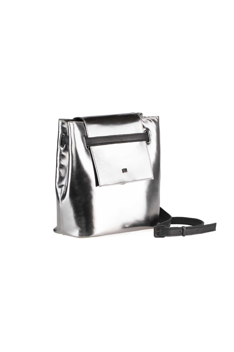 metallic silver bag in leather