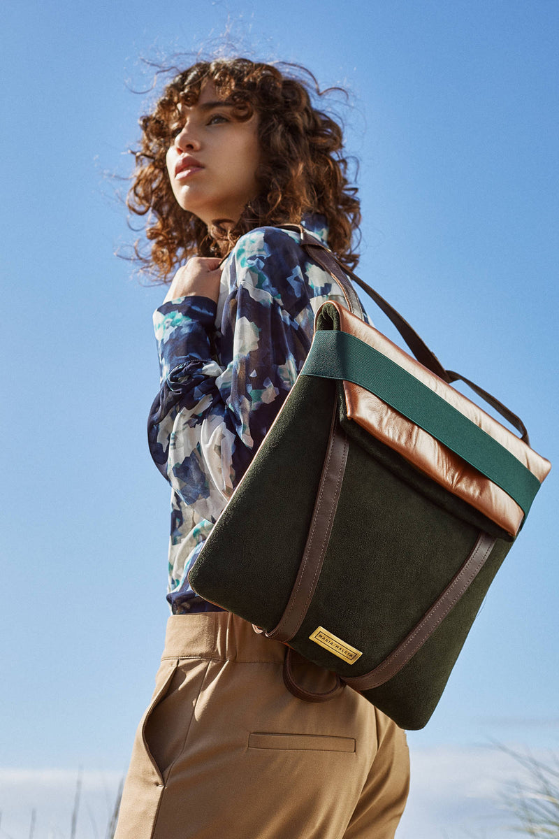 13 inch laptop backpack in brown and green suede